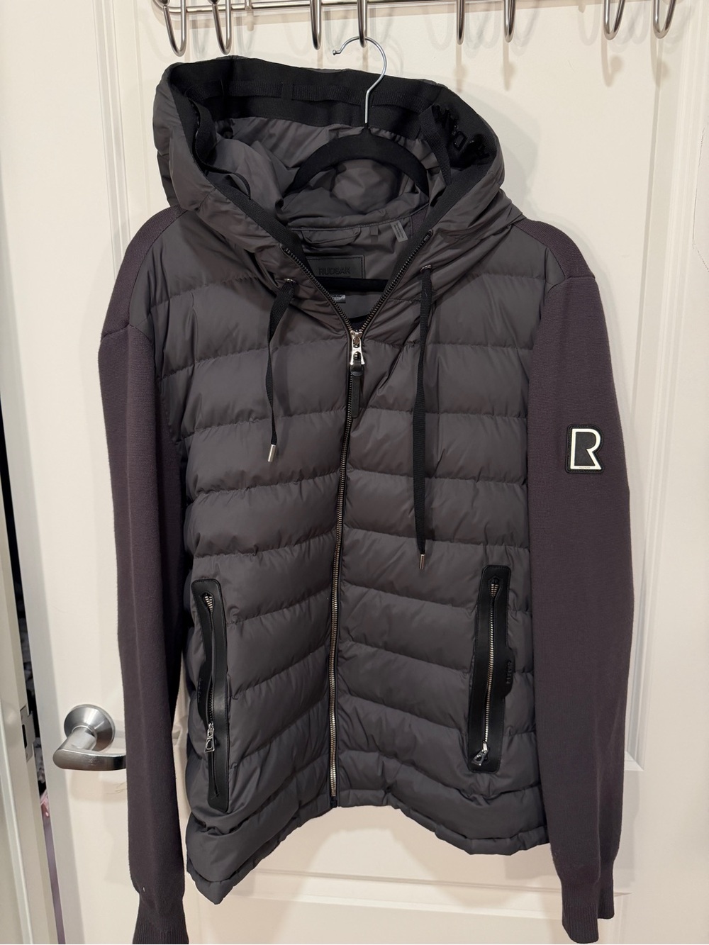 RUDSAK Men's Charcoal Quilted Hooded Puffer Jacket with Knit Sleeves